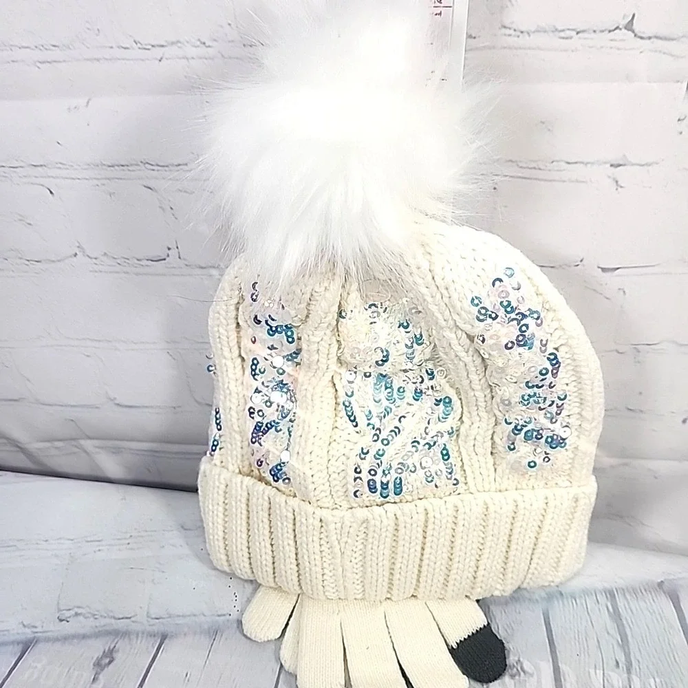 Justice Girls WHITE CBL Knit Sequin Beanie w/faux fur & Gloves 2-Piece Set NWT